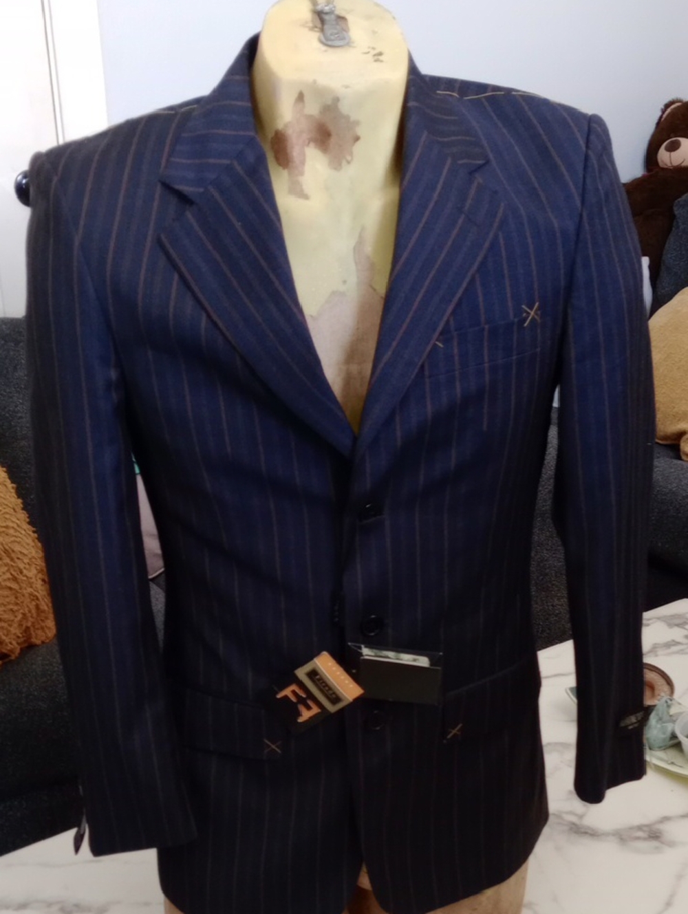 Men's Navy Pinstripe Two-Button Suit Jacket